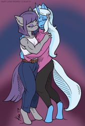 Size: 812x1200 | Tagged: safe, artist:kaemantis, derpibooru import, maud pie, trixie, anthro, unguligrade anthro, clothes, female, hug, lesbian, mauxie, pants, shipping, shirt