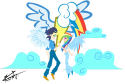 Size: 900x605 | Tagged: safe, artist:sebastieng, rainbow dash, soarin', cutie mark, female, flying, holding hands, humanized, male, old cutie mark, shipping, simple background, soarindash, straight, transparent background, winged humanization, wings