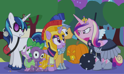 Size: 1200x720 | Tagged: safe, artist:dm29, flash sentry, princess cadance, shining armor, spike, twilight sparkle, twilight sparkle (alicorn), alicorn, dragon, pony, unicorn, scare master, athena sparkle, clothes, costume, episodes from the crystal empire, female, glasses, guitar, headphones, mace, male, mare, morning star, multiple heads, nightmare night, stallion, star vs the forces of evil, two heads, two-headed dragon, unamused, vinyl's glasses, warrior cadance, weapon