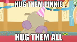 Size: 625x347 | Tagged: safe, madame leflour, pinkie pie, earth pony, pony, hug, image macro, pinkamena diane pie