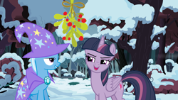 Size: 1280x720 | Tagged: safe, artist:quasdar, derpibooru import, mean twilight sparkle, trixie, the mean 6, christmas, female, holiday, lesbian, mean twixie, mistleholly, shipping, snow, twixie