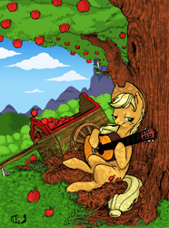 Size: 800x1078 | Tagged: safe, artist:gimoody, applejack, earth pony, pony, apple, cart, guitar, musical instrument, sitting, solo, tree, wagon