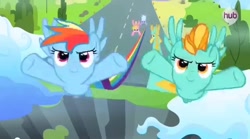 Size: 632x352 | Tagged: safe, screencap, cloudchaser, lightning dust, meadow flower, rainbow dash, sunshower raindrops, pegasus, pony, wonderbolts academy, spoiler:s03, flying, hub logo