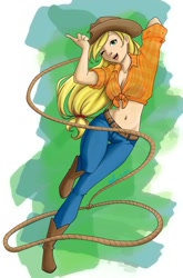 Size: 924x1400 | Tagged: safe, artist:angelemlin, applejack, applejack's hat, belly button, boots, cowboy boots, cowboy hat, hat, humanized, lasso, midriff, rope, solo, wink