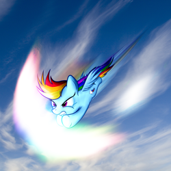 Size: 2000x2000 | Tagged: safe, artist:n1de, rainbow dash, pegasus, pony, blue coat, female, flying, mare, multicolored mane, solo