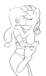 Size: 1812x3000 | Tagged: safe, artist:okiedokielowkey, applejack, rarity, human, pony, female, human on pony action, humanized, humanized human on pony action, interspecies, kissing, lesbian, monochrome, rarijack, shipping