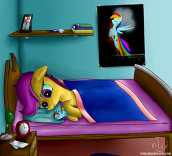 Size: 1576x1430 | Tagged: safe, artist:n1de, rainbow dash, scootaloo, pegasus, pony, blue coat, female, mare, multicolored mane