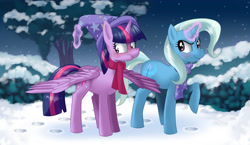 Size: 6000x3486 | Tagged: dead source, safe, artist:scrafgty, derpibooru import, trixie, twilight sparkle, twilight sparkle (alicorn), alicorn, pony, absurd resolution, blushing, clothes, female, hat, lesbian, magic, mare, raised hoof, scarf, scrunchy face, shipping, smiling, snow, spread wings, telekinesis, train wreck in the comments, twixie, winter