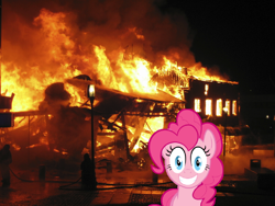 Size: 1136x852 | Tagged: safe, pinkie pie, pony, disaster girl, fire, irl, photo, ponies in real life, vector