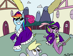 Size: 1224x936 | Tagged: safe, artist:no-ink, edit, derpy hooves, rainbow dash, spike, dragon, pegasus, pony, cane, female, mare, pimp, pimp coat, pimp walk, ponyville, sunglasses, swag