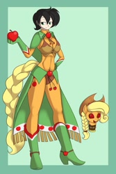 Size: 900x1350 | Tagged: safe, artist:kloudmutt, applejack, human, applerack, breasts, clothes, dress, female, gala dress, masking, ponyrumi