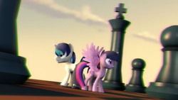 Size: 1920x1080 | Tagged: safe, artist:flutterdaz, shining armor, twilight sparkle, twilight sparkle (alicorn), alicorn, pony, unicorn, 3d, anaglyph 3d, chess, female, mare, source filmmaker