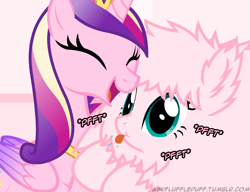 Size: 650x500 | Tagged: safe, artist:mixermike622, princess cadance, oc, oc:fluffle puff, alicorn, pony, eyes closed, happy, onomatopoeia, open mouth, raspberry, raspberry noise, tongue out, tumblr:ask fluffle puff