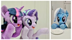 Size: 1024x576 | Tagged: safe, artist:nekokevin, derpibooru import, starlight glimmer, trixie, twilight sparkle, pony, unicorn, series:nekokevin's glimmy, female, irl, mare, open mouth, photo, plushie, raised hoof, smiling, underhoof, woman yelling at a cat