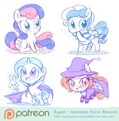 Size: 800x817 | Tagged: safe, artist:kelsea-chan, derpibooru import, angel bunny, bon bon, sweetie drops, trixie, oc, bat pony, pony, bat pony oc, chibi, clothes, costume, glowing horn, hat, looking at you, magic, patreon, patreon logo, scarf, telekinesis, witch, witch hat