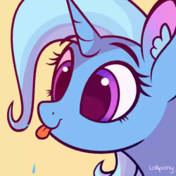 Size: 500x500 | Tagged: safe, alternate version, artist:lollipony, derpibooru import, part of a set, trixie, pony, unicorn, :p, animated, bust, cute, diatrixes, ear fluff, eye shimmer, female, gif, mare, pbbtt, portrait, raspberry, silly, silly pony, simple background, solo, spit, spittle, tongue out, ych result, yellow background