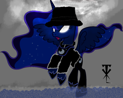 Size: 1003x797 | Tagged: safe, artist:skulluigi, princess luna, alicorn, pony, crossover, glowing eyes, hat, parody, solo, the undertaker, undertaker, wrestling, wwe