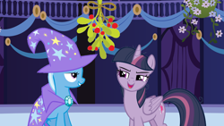 Size: 1920x1080 | Tagged: safe, derpibooru import, edit, mean twilight sparkle, trixie, pony, friendship is magic, the mean 6, christmas, female, holiday, lesbian, mean twixie, mistleholly, shipping, town hall, twixie