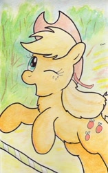 Size: 742x1179 | Tagged: safe, artist:slightlyshade, applejack, earth pony, pony, one eye closed, solo, traditional art