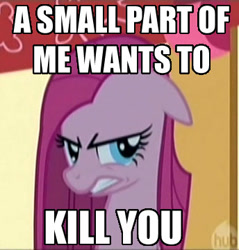 Size: 344x360 | Tagged: safe, pinkie pie, earth pony, pony, caption, hub logo, pinkamena diane pie, reaction image