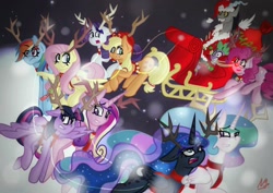 Size: 1024x724 | Tagged: safe, artist:darkestsunset, applejack, discord, fluttershy, pinkie pie, princess cadance, princess celestia, princess luna, rainbow dash, rarity, spike, twilight sparkle, twilight sparkle (alicorn), alicorn, dragon, earth pony, pegasus, pony, reindeer, unicorn, alicorn tetrarchy, antlers, clothes, female, hat, mane seven, mane six, mare, santa costume, santa hat, sleigh