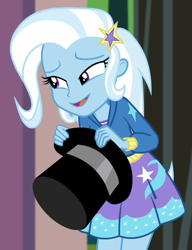 Size: 778x1012 | Tagged: safe, derpibooru import, screencap, trixie, better together, equestria girls, sock it to me, sock it to me: trixie, barrette, clothes, cropped, cute, diatrixes, female, hat, hoodie, miniskirt, skirt, smiling, top hat
