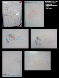 Size: 2000x2666 | Tagged: safe, artist:great-5, pinkie pie, rainbow dash, tristan, earth pony, pegasus, pony, high res, photo, school, stylistic suck, trolling, whiteboard