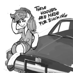 Size: 1000x1000 | Tagged: safe, artist:kevinsano, applejack, earth pony, pony, semi-anthro, car, dodge charger, grayscale, monochrome, parody, sitting