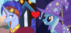 Size: 1370x638 | Tagged: safe, derpibooru import, edit, edited screencap, screencap, hoo'far, trixie, road to friendship, uncommon bond, female, male, shipping, shipping domino, straight, trixfar