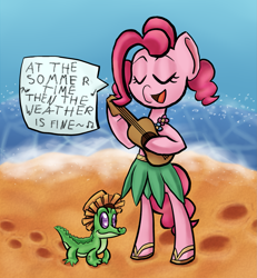 Size: 1603x1737 | Tagged: safe, artist:kas-the-cat, gummy, pinkie pie, earth pony, pony, beach, clothes, grass skirt, hat, hula, in the summertime, leaf skirt, lei, mungo jerry, sandals, singing, skirt, song reference, ukulele