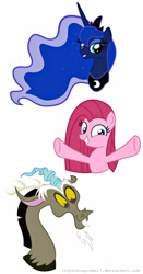 Size: 2078x3963 | Tagged: safe, artist:pinkcupcake17, discord, pinkie pie, princess luna, alicorn, earth pony, pony, pinkamena diane pie