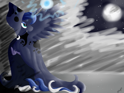 Size: 1600x1200 | Tagged: safe, artist:lunarmoonponi, princess luna, alicorn, pony, a hearth's warming tail, cloak, clothes, magic, moon, snow, solo, spirit of hearth's warming yet to come