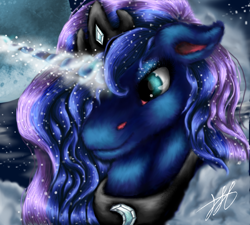 Size: 2000x1800 | Tagged: safe, artist:stainedglasslighthea, princess luna, alicorn, pony, bedroom eyes, dreamscape, floppy ears, fluffy, glowing horn, magic, portrait, smiling, solo