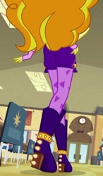 Size: 332x567 | Tagged: safe, screencap, adagio dazzle, normal norman, equestria girls, rainbow rocks, ass, battle of the bands, boots, chair, clock, clothes, cropped, doors, female, fingerless gloves, gloves, high heel boots, male, rear view, socks, solo focus, spikes, stockings, thigh highs