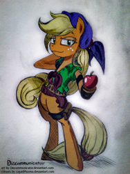 Size: 600x800 | Tagged: safe, artist:discommunicator, artist:liquidplazma, applejack, earth pony, pony, apple, bandana, bipedal, costume, obligatory apple, solo