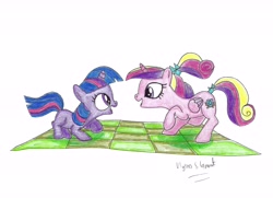 Size: 6159x4462 | Tagged: safe, artist:ulyssesgrant, princess cadance, twilight sparkle, alicorn, pony, a canterlot wedding, absurd resolution, filly, scene interpretation, sunshine sunshine, teen princess cadance, traditional art, younger