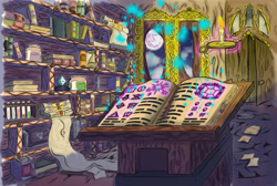 Size: 1302x877 | Tagged: safe, artist:brother-lionheart, princess luna, alicorn, pony, book, implied twilight sparkle, lab, levitation, library, magic, mare in the moon, moon, telekinesis, tree of knowledge