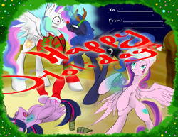 Size: 2953x2276 | Tagged: safe, artist:xenalollie, princess cadance, princess celestia, princess luna, twilight sparkle, twilight sparkle (alicorn), alicorn, pony, alicorn tetrarchy, christmas, drunk, drunk cadance, drunk luna, drunk twilight, drunklestia, female, mare