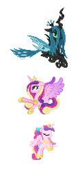 Size: 230x478 | Tagged: safe, artist:hexfloog, princess cadance, queen chrysalis, alicorn, changeling, changeling queen, pony, cute, cutealis, cutedance, duo, duo female, eyes closed, female, filly, flying, mare, pixel art, signature, simple background, sprite, teen princess cadance, transparent background, younger