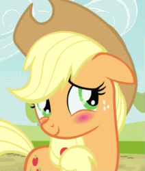 Size: 457x540 | Tagged: safe, screencap, applejack, earth pony, pony, the last roundup, animated, blushing, cropped, cute, female, floppy ears, freckles, jackabetes, mare, reaction image, smiling, solo