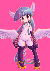 Size: 1447x2039 | Tagged: safe, artist:unousaya, twilight sparkle, twilight sparkle (alicorn), alicorn, pony, semi-anthro, adorasexy, belly button, bipedal, blushing, both cutie marks, butt wings, clothes, cute, female, gloves, high heels, looking at you, mare, sexy, shoes, simple background, smiling, socks, solo, spread wings, stockings, striped socks, thigh highs, wings