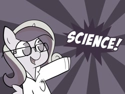 Size: 1280x960 | Tagged: safe, artist:iraincloud, princess cadance, alicorn, pony, clothes, cute, glasses, lab coat, monochrome, moonstuck, open mouth, pointing, science, science woona, smiling, solo