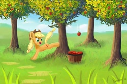 Size: 1200x800 | Tagged: safe, artist:shivanking, applejack, earth pony, pony, applebucking, solo, tree