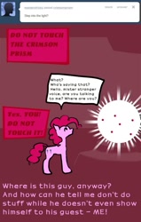 Size: 700x1100 | Tagged: safe, pinkie pie, earth pony, pony, ask, crimson prism, dialogue, female, light, mare, text