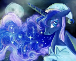 Size: 1000x800 | Tagged: safe, artist:yang0, princess luna, alicorn, pony, bust, clothes, full moon, hat, looking sideways, moon, nightcap, pajamas, portrait, shirt, smiling, solo