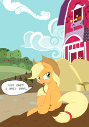 Size: 3000x4289 | Tagged: safe, artist:bednarowski, artist:joey darkmeat, applejack, earth pony, pony, looking back, sitting, solo