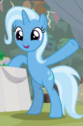 Size: 484x740 | Tagged: safe, derpibooru import, screencap, trixie, pony, unicorn, bipedal, cropped, cute, diatrixes, female, mare, open mouth, raised hoof, smiling, solo