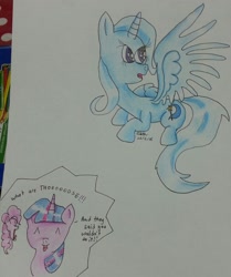 Size: 2004x2402 | Tagged: safe, artist:lizzyisme, derpibooru import, pinkie pie, trixie, twilight sparkle, alicorn, pony, alicornified, glad, happy, race swap, shocked, surprised, traditional art, trixiecorn, what are thoooose