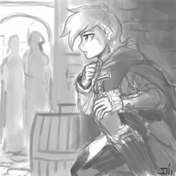 Size: 700x700 | Tagged: safe, artist:johnjoseco, rainbow dash, human, assassin's creed, crossover, ezio auditore, grayscale, humanized, monochrome