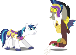 Size: 9316x6721 | Tagged: safe, artist:starnight5, discord, shining armor, draconequus, pony, unicorn, twilight's kingdom, absurd resolution, accessory theft, armor, helmet, male, simple background, stallion, transparent background, vector